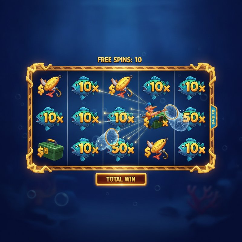 Fishin Frenzy free games feature with fisherman wild collecting fish prize values on screen