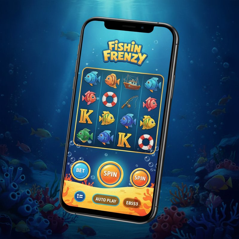 Fishin Frenzy slot running on a mobile device with ocean backdrop and reel controls visible
